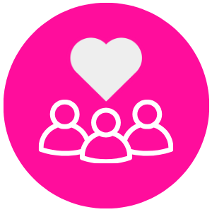 Pink circle with white outline of three people and a white heart above them.