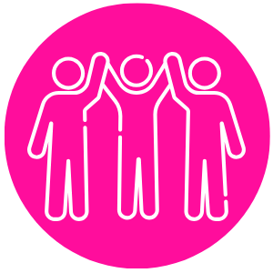 Pink circular icon with three stick-figure people giving each other high-fives.