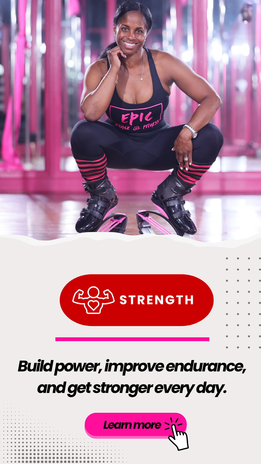 A woman in athletic clothing crouching on a gym floor, smiling at the camera, with fitness equipment in the background. The image features a promotional section about strength training and includes a "Learn more" button.