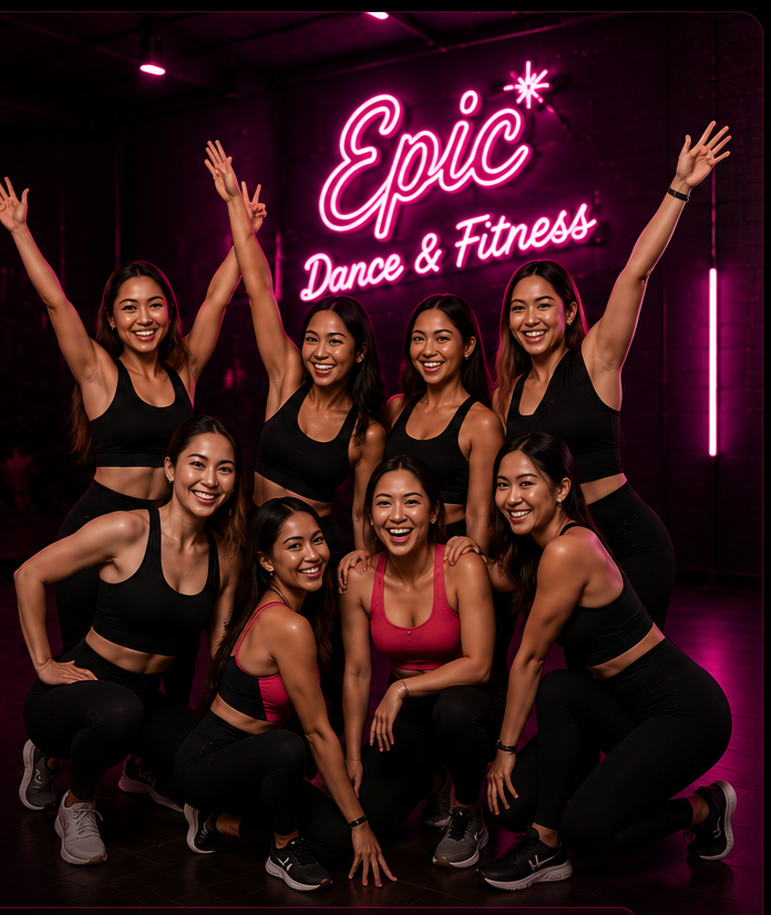 A group of eight women in athletic wear posing and smiling in a dance studio with a neon sign that reads 'Epic Dance & Fitness' in the background.