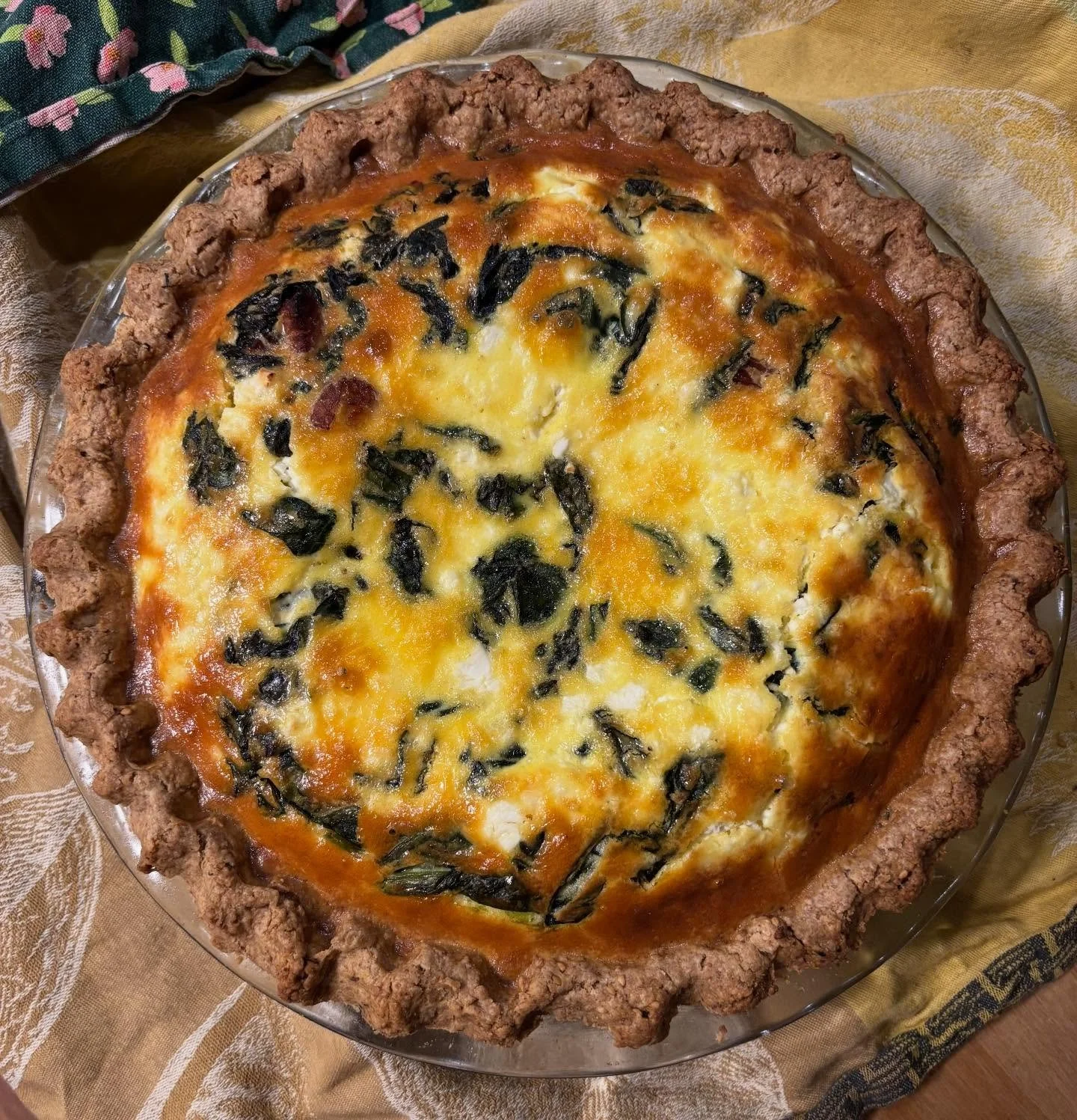 I have my hands full with all the baby snuggles during my maternity leave, but occasionally I set her down and get back in the kitchen. 

Linguisa, spinach, and Bulgarian sheep&rsquo;s cheese quiche with a red wheat and duqqa crust. Eggs came from ou