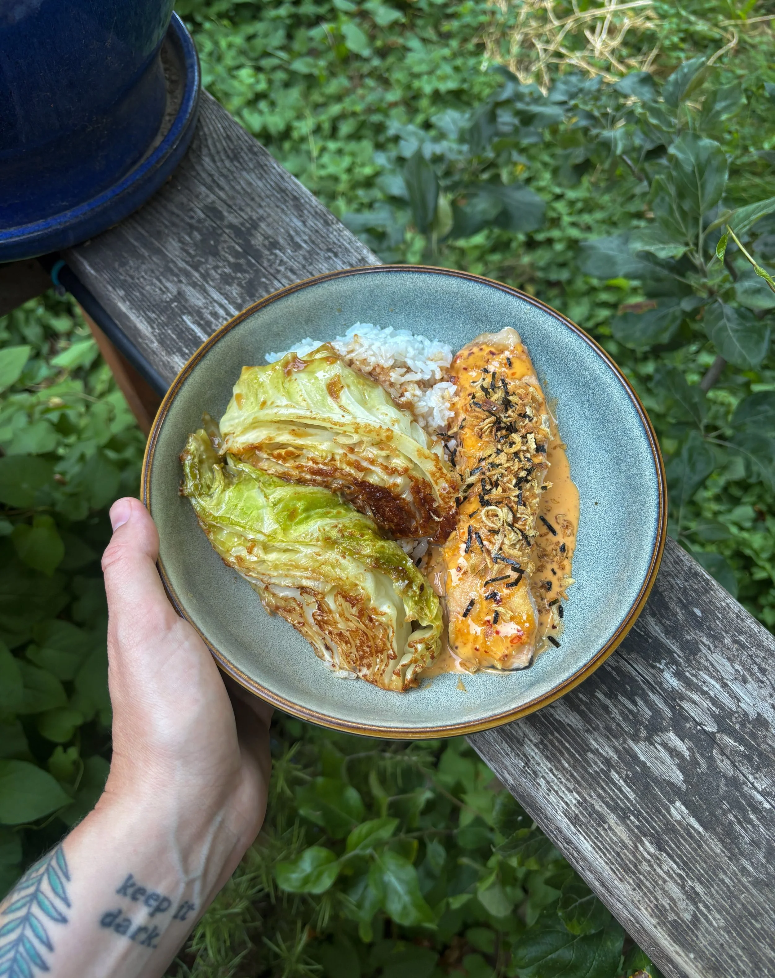 20 minute dinner at home. 

honey miso salmon with miso brown butter cabbage, spicy mayo sauce &amp; rice