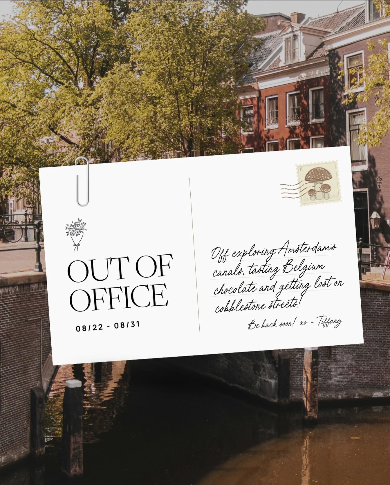 I&rsquo;m officially OOO and will be back on 8/31 🤍

Will catch up with you soon 🥰