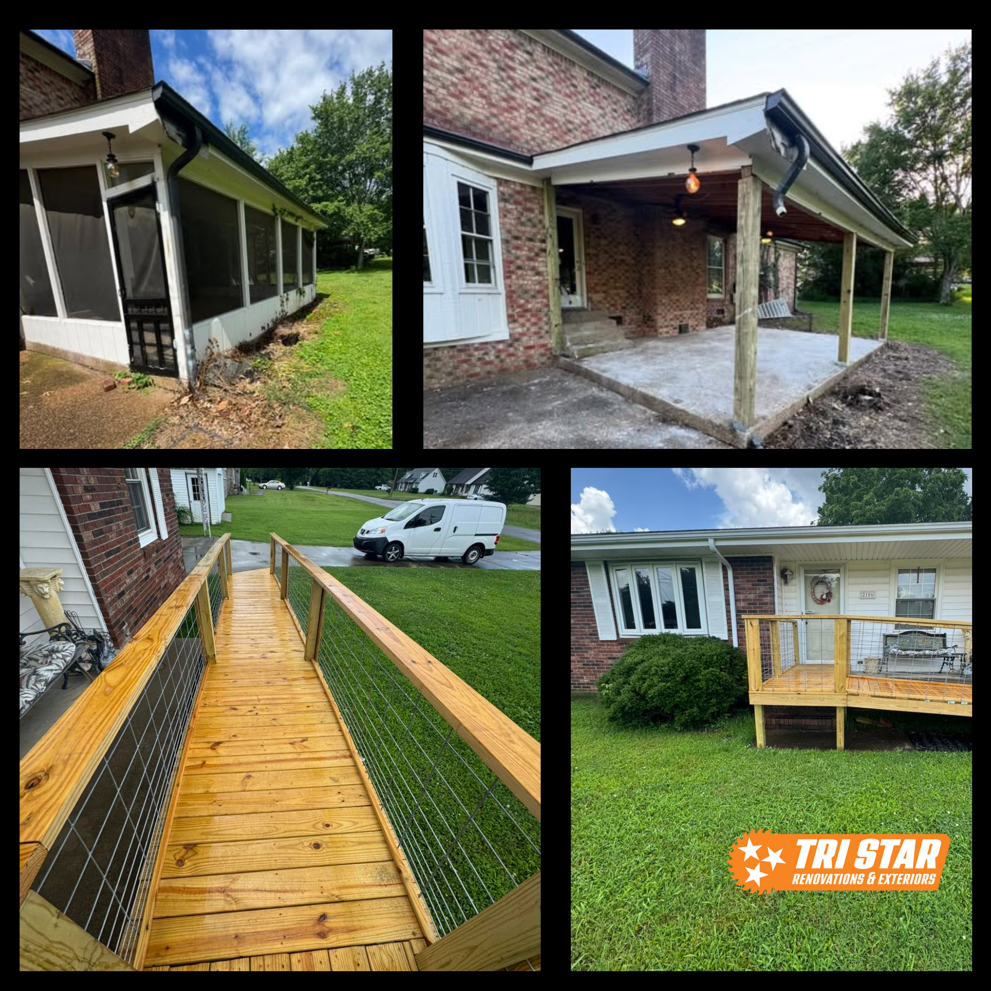 Before and after images of house renovations including porch and deck upgrades, showing the transformation from initial to completed outdoor spaces with new railings, flooring, and porch structure.