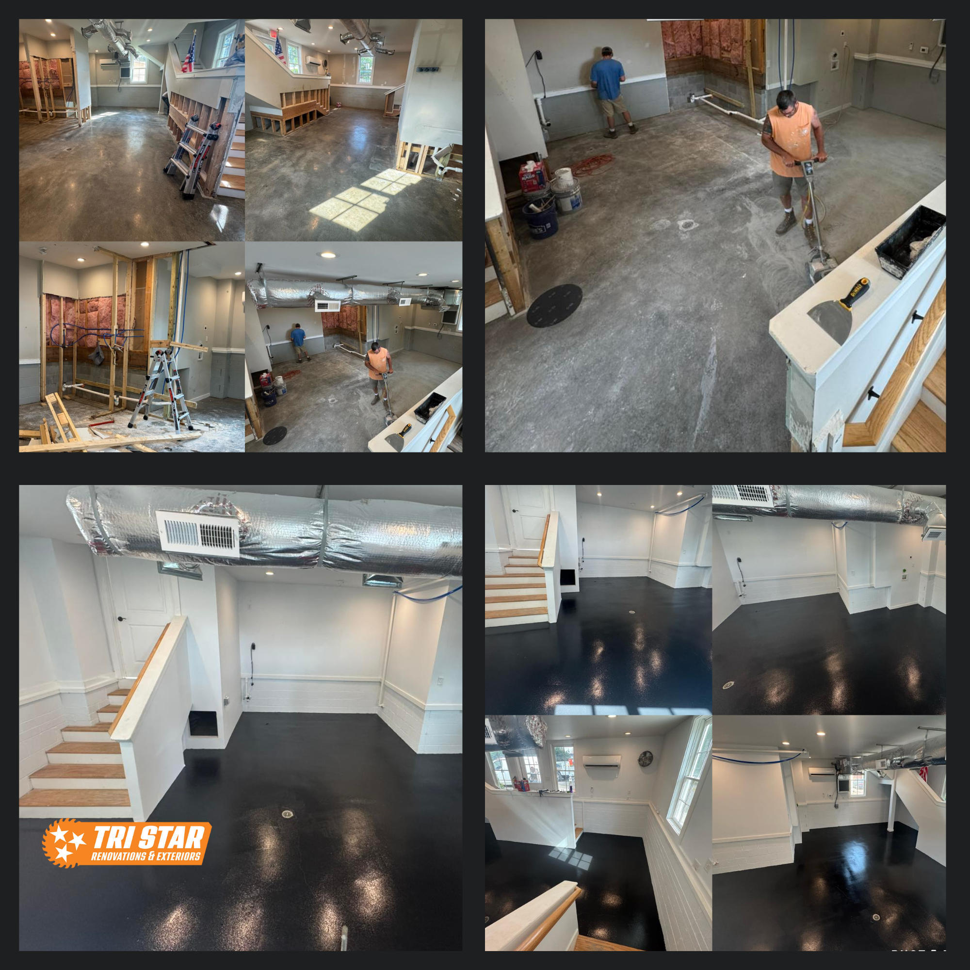 Collage of photos showing a renovation process in a room. The initial photos depict the room with unfinished walls, exposed insulation, and construction materials. Workers are seen grinding the concrete floor. The later photos show the finished room with freshly painted white walls, black polished epoxy floor, and finished staircase. The logo in the bottom left corner reads 'TRI STAR RENOVATIONS & EXTERIORS.'