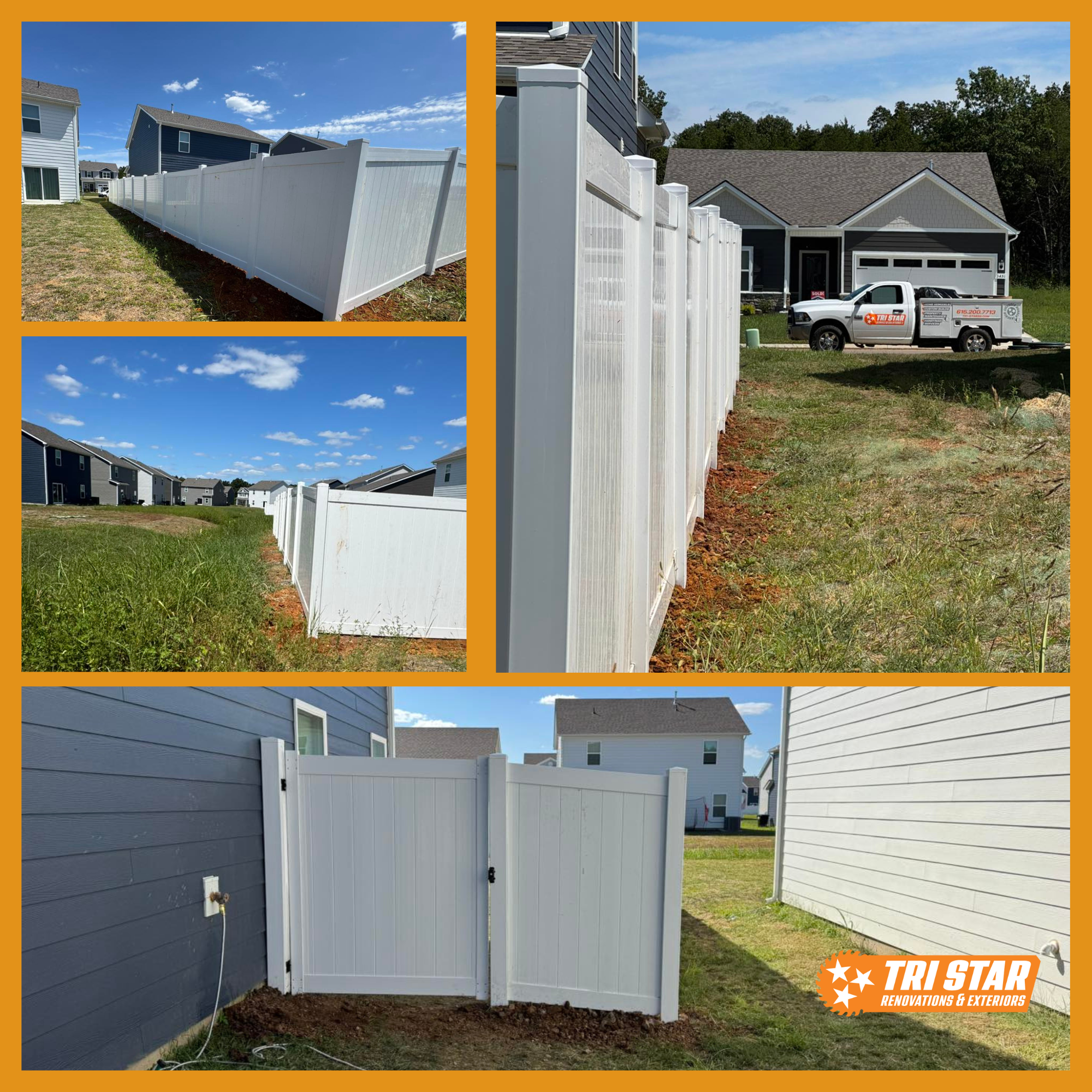 Series of photos showing white vinyl privacy fences installed around residential properties, with blue sky and houses in the background.