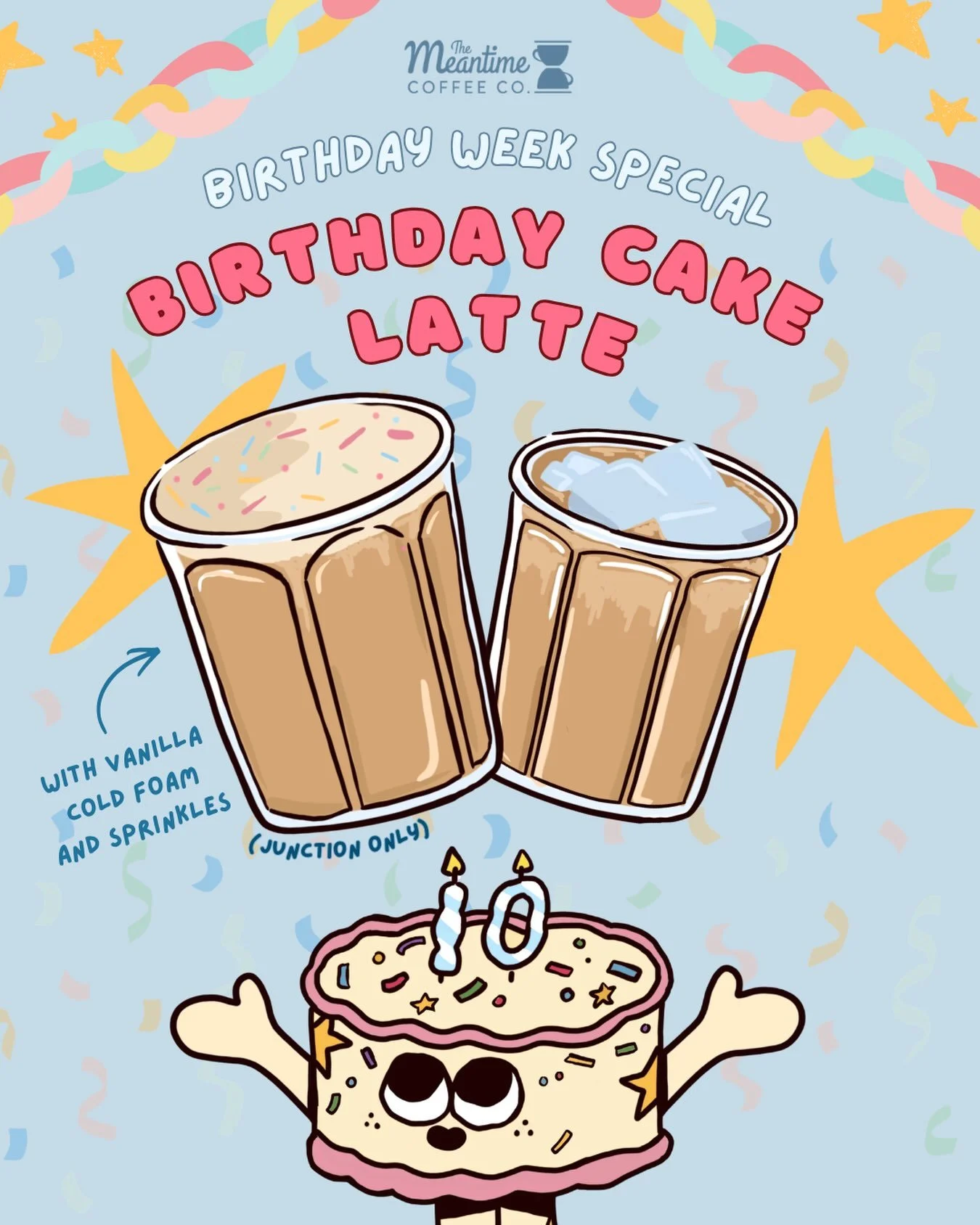 and a little something to kick off the celebration&hellip; our birthday cake latte will be available at BOTH locations starting today! Stop by the Junction to get it with vanilla cold foam and sprinkles! 🎂🪩🌟