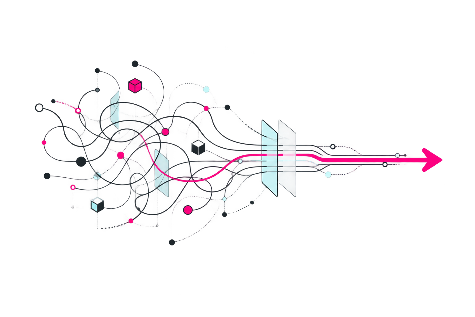 Abstract technology paths resolving into one clear direction.