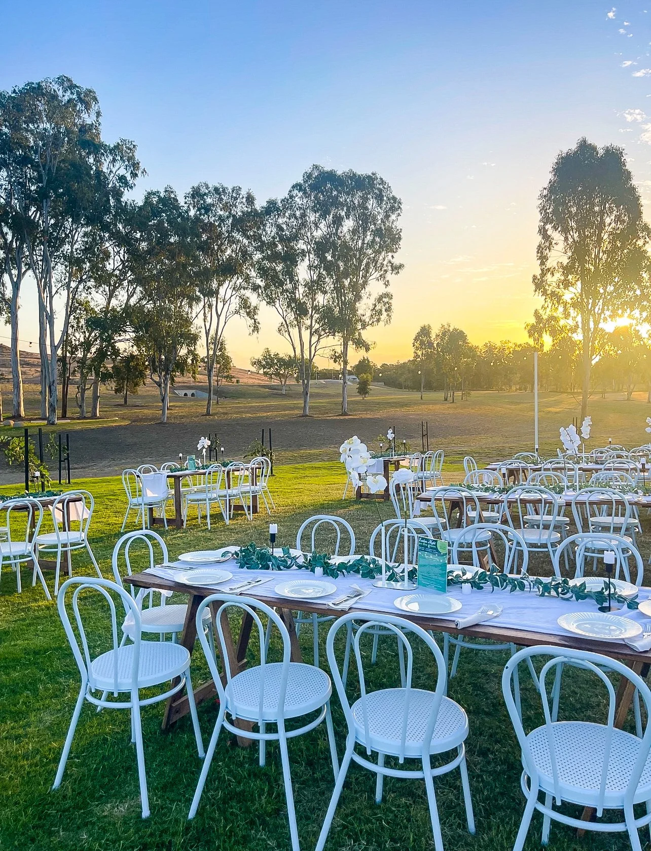 Outdoor event setup at sunset with white chairs and tables decorated with green leaves and white flowers, on grassy lawn surrounded by trees.