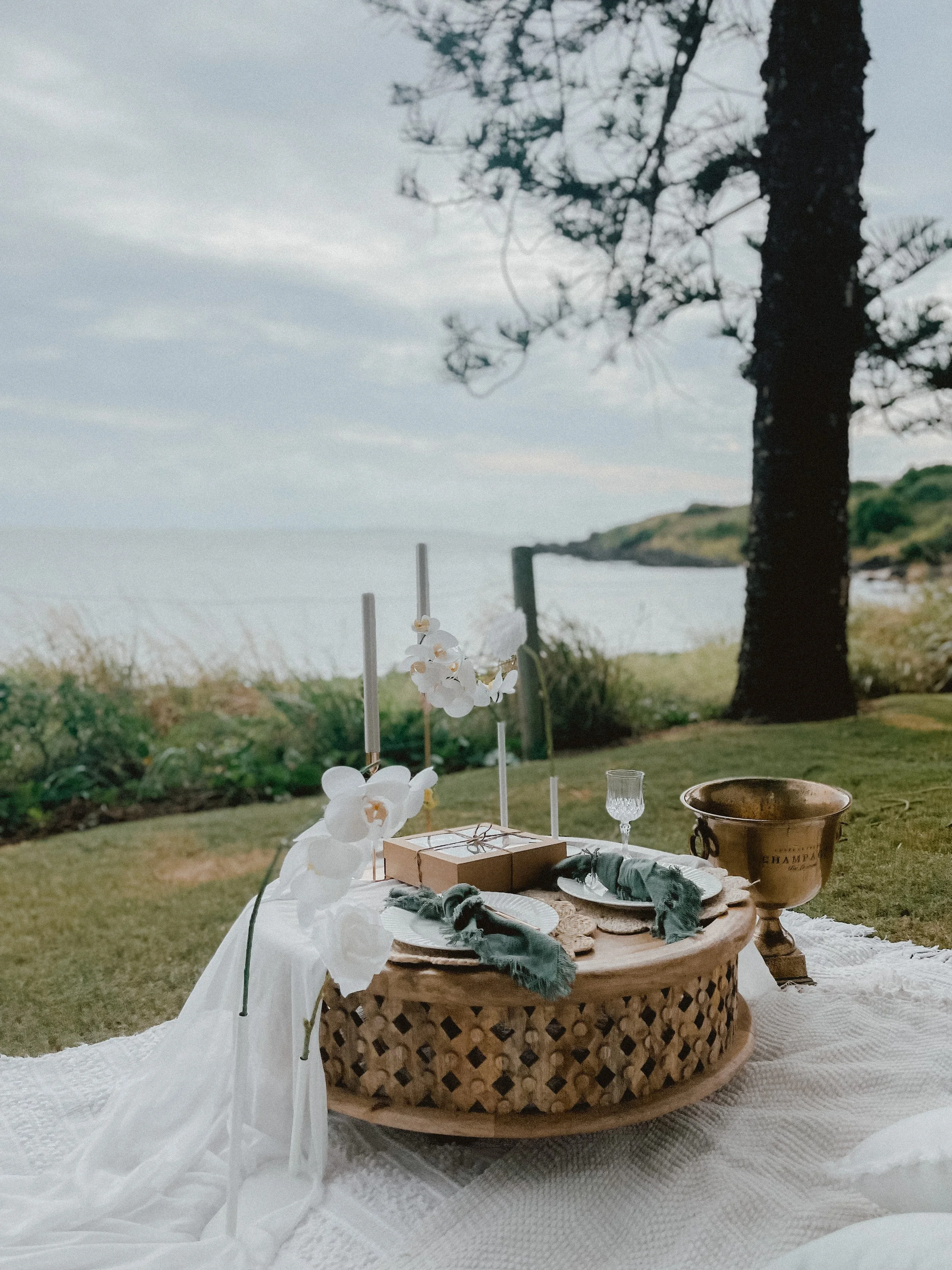 Elegant outdoor table set for a celebration with a scenic ocean view, featuring a round wooden table, white orchids, candles, a champagne bucket, and a gift box, near a large tree and grassy landscape.