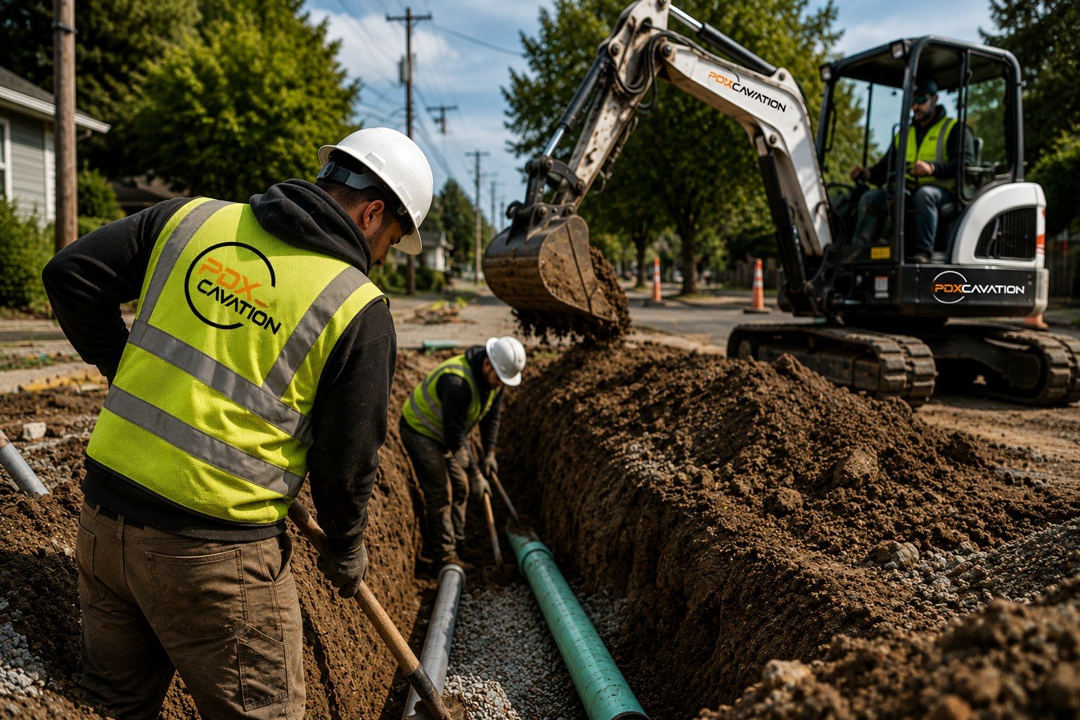 PDXcavation excavation crew installing underground utilities in Portland, OR. Trenching, sewer line excavation, water line installation, and utility construction services with professional excavation equipment.