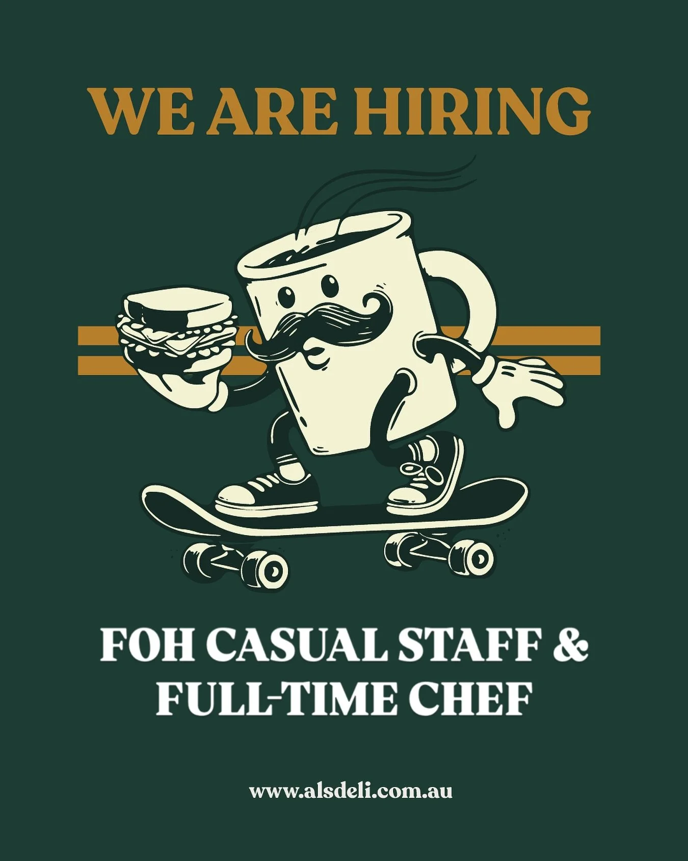 Join the Al&rsquo;s crew 🥪
Front of House Casual Staff - no barista experience needed, bring your energy - we&rsquo;ll teach you the rest! 

Full-Time Chef - experience welcome but not required - a positive attitude &amp; a love for sandwiches is en