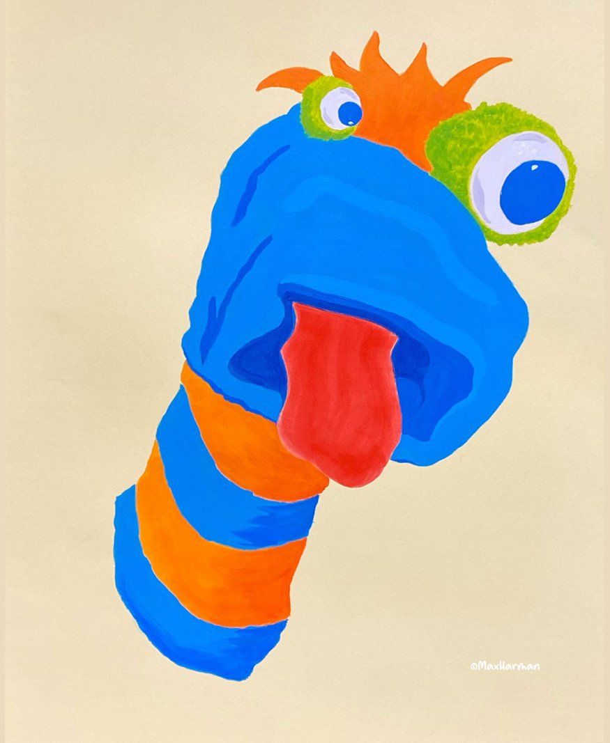 Sock Puppet #4, Acrylic on watercolour paper, block mounted 55x37cm