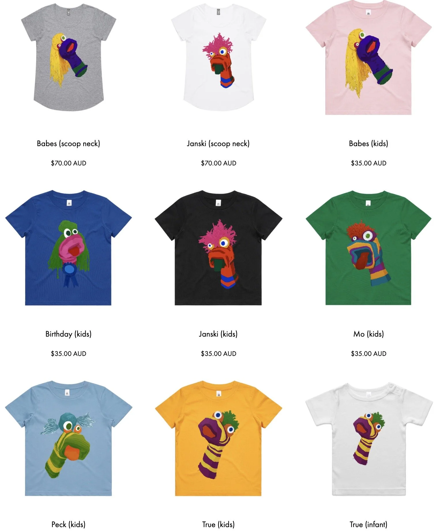 Colourful tshirts with sock puppet designs on them