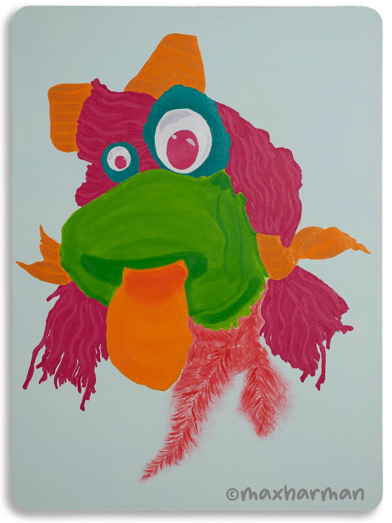 Portrait Sock Puppet #2, Acrylic paint, block mounted 45x33cm