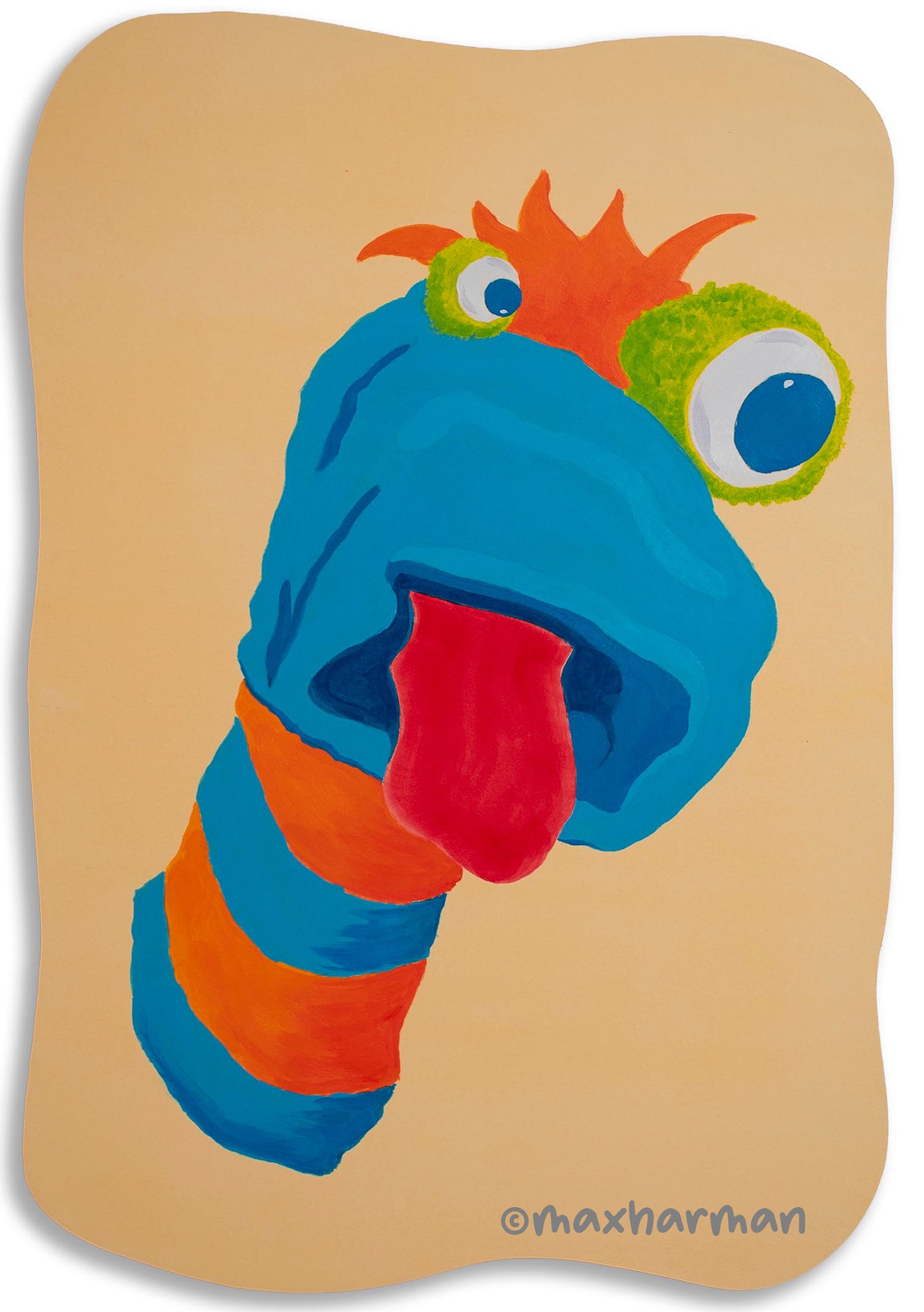 Portrait Sock Puppet #3, Acrylic paint, block mounted 51.5x34.5cm