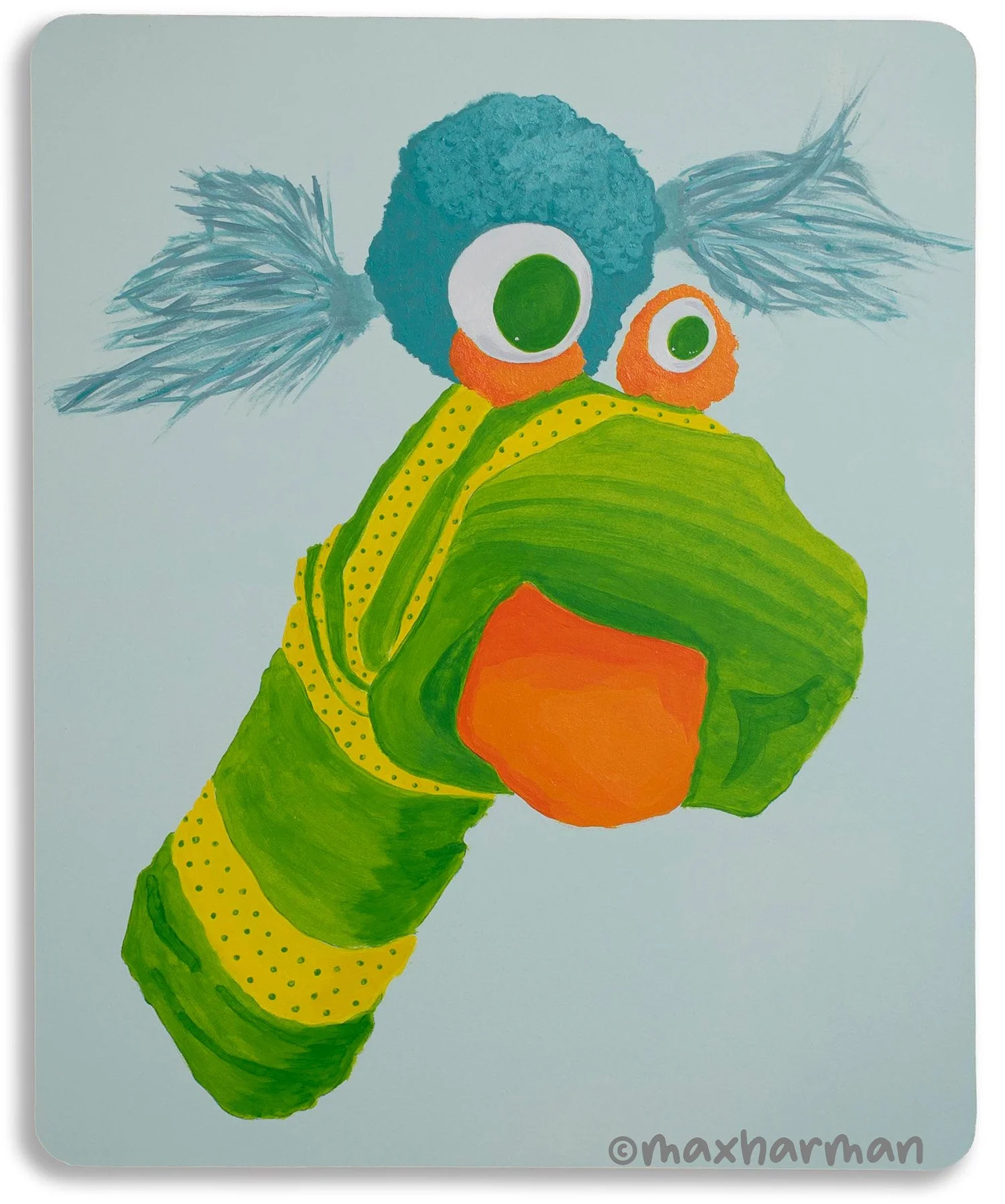 Portrait Sock Puppet #1, Acrylic paint, block mounted 45x36.5 cm