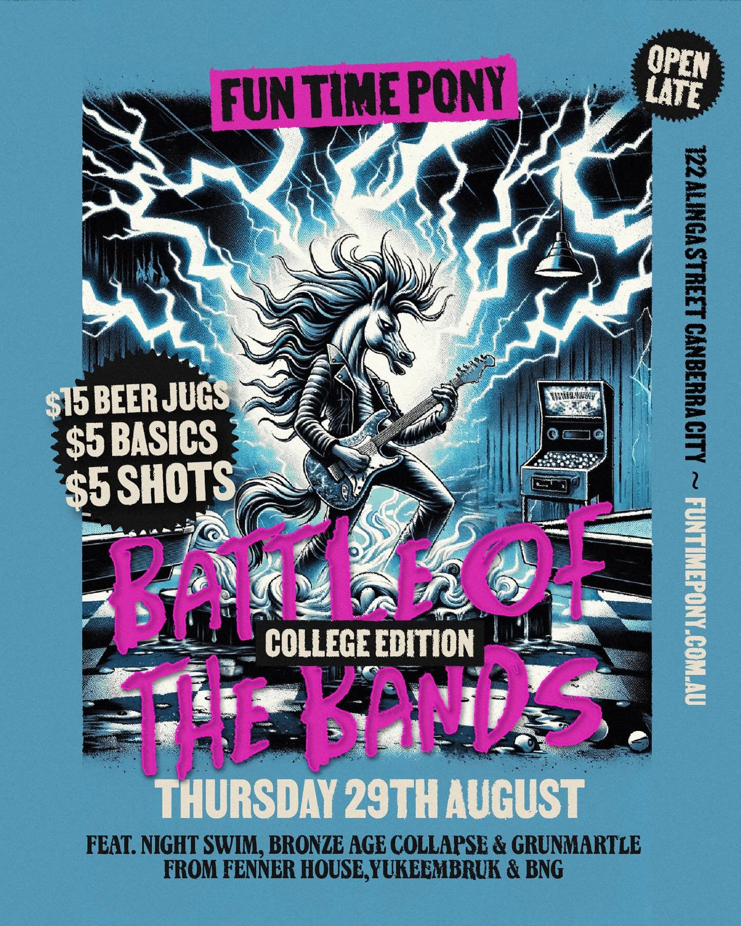 Thursdays are the new Saturday ⚡️⚡️
Join us for the ultimate College night where Fenner House, Yukeembruk and BNG go head to head in our first BATTLE OF THE BANDS 🎸🤘

drinks specials all night while each college compete for ultimate bragging rights