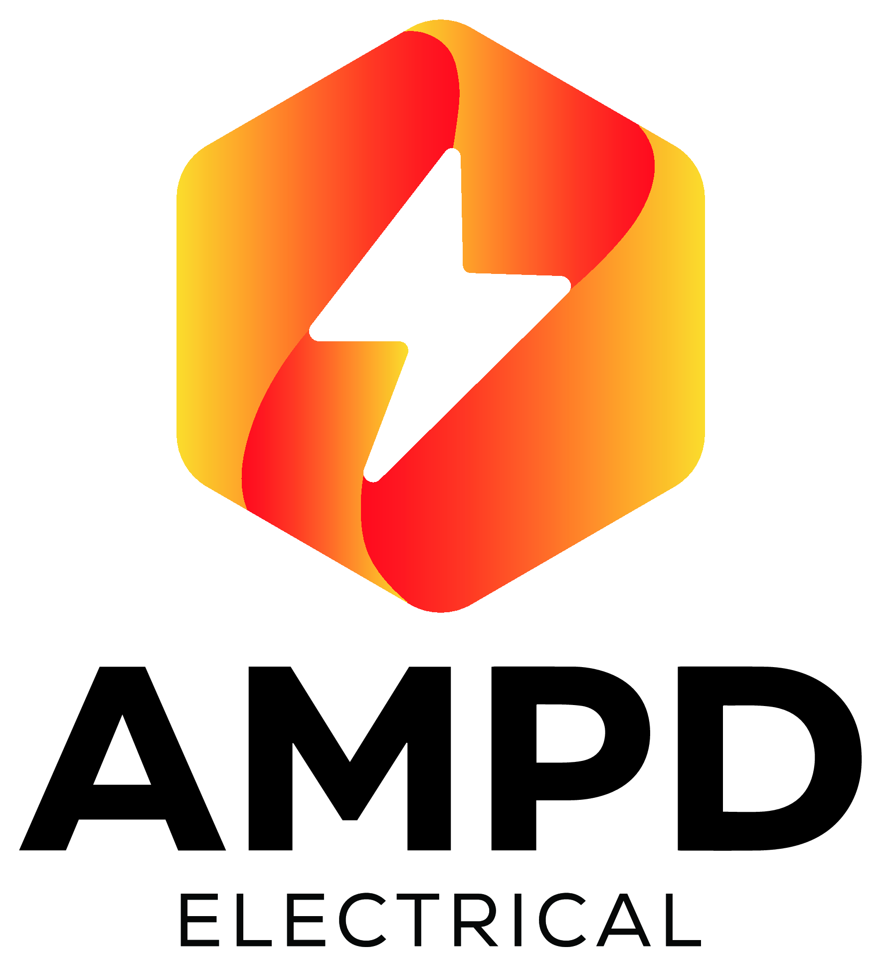 Logo for AMPD Electrical featuring a white lightning bolt inside a yellow-to-red gradient hexagon and black text reading 'AMPD ELECTRICAL'.