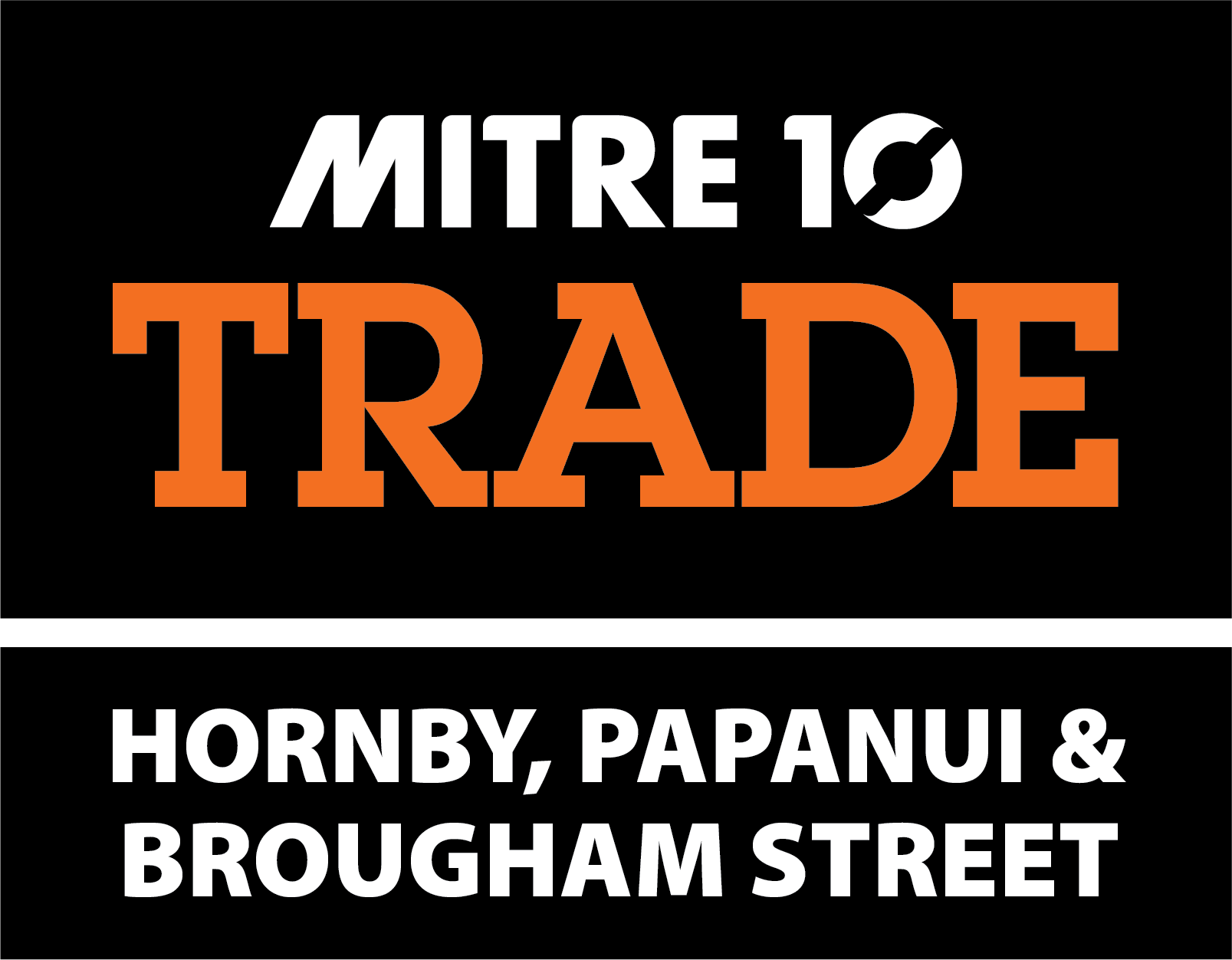 Promotion for Mitre 10 Trade with text in bold white and orange on a black background, mentioning Hornby, Papanui, and Brougham Street.