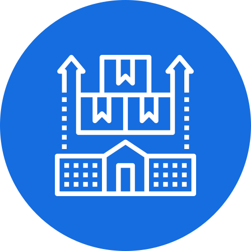 Icon of a warehouse with stacked boxes and upward arrows, representing logistics or storage.