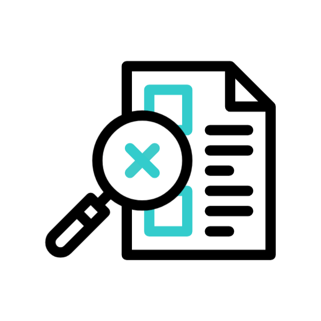 Icon of a document with a magnifying glass and a crossed-out mark, indicating document review or cancellation.