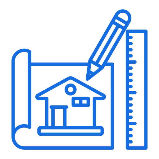 Line drawing of a house plan with a pencil and ruler