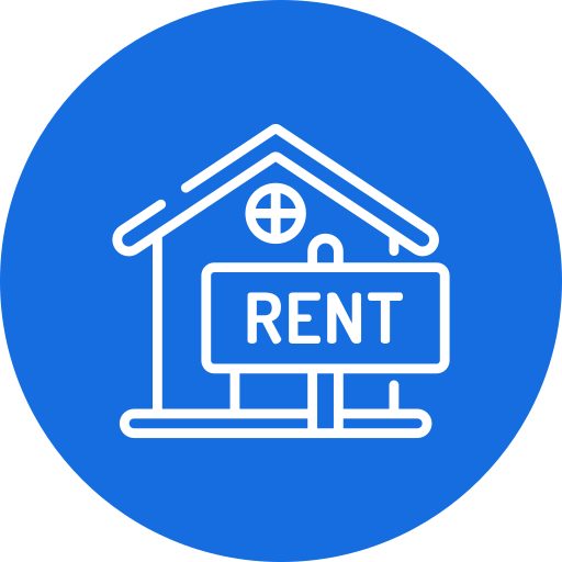 Icon of a house with a 'Rent' sign in front of it, set against a blue circular background.