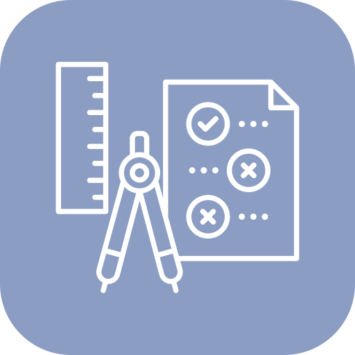 Line art icon of a ruler, compass, and sheet of paper with checkmarks and crosses on a blue background.