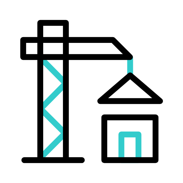 Line drawing of a construction tower crane next to a small house.