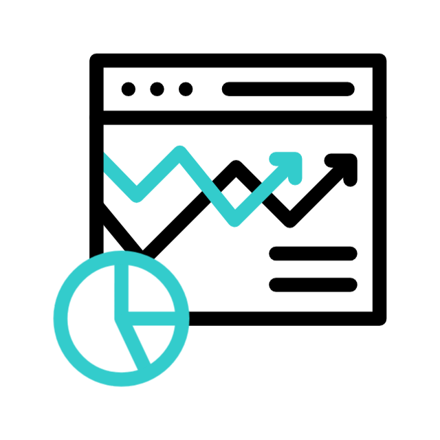 Icon of a computer screen displaying line graphs, with a rising trend, and a pie chart in the foreground.
