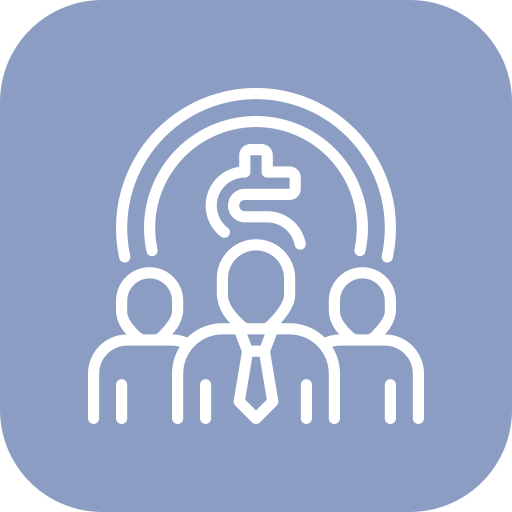Icon of three businesspeople in front of a dollar sign and circular arrows, representing financial growth or business management.