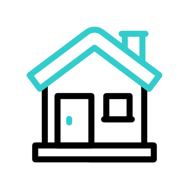 Simple illustration of a house with a blue roof, door, and window.