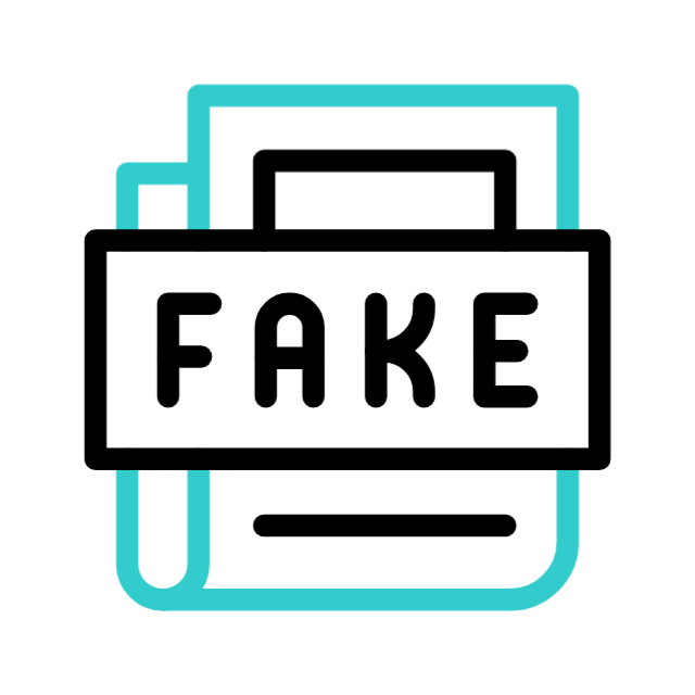 Illustration of a badge with the word "FAKE" on it in front of a blue outline of a document or folder.