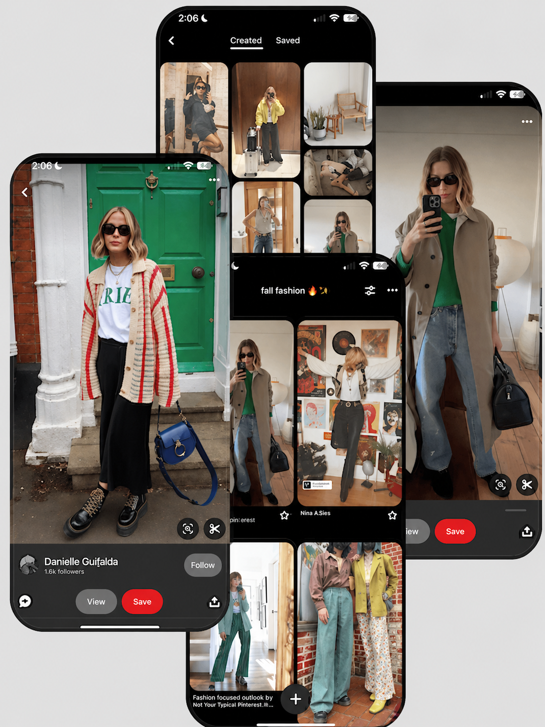 Collection of smartphone screens displaying various fashion and lifestyle photos, including women in stylish outfits posing indoors and outdoors, with some screens showing Pinterest-style mood boards and saved looks.
