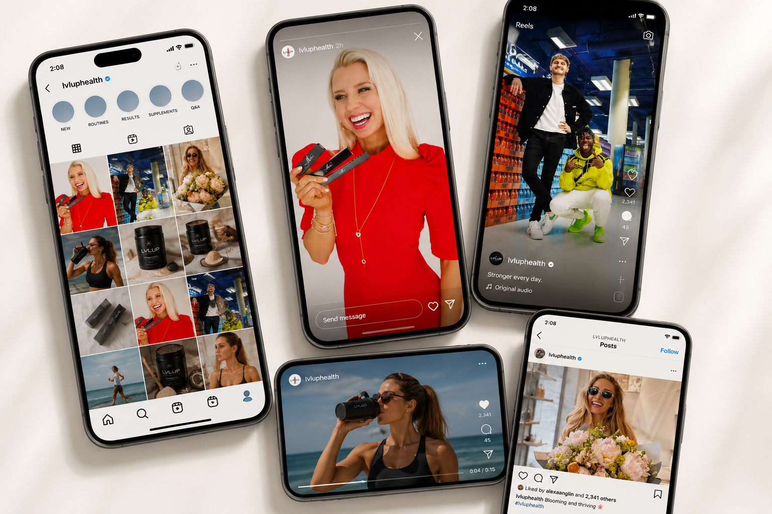 Multiple smartphones displaying Instagram and TikTok posts featuring people using wellness and fitness products, including women drinking water, holding fitness equipment, and posing with flowers.