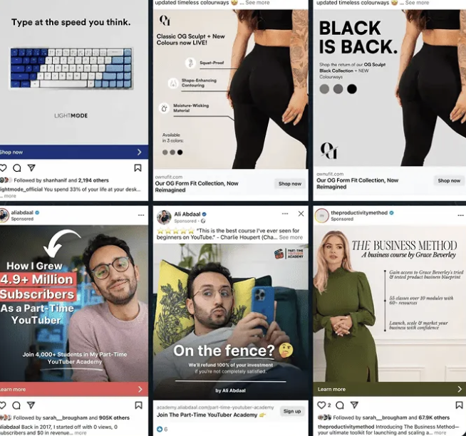 A collage of six images. The first shows a blue mechanical keyboard with a 'Light Mode' label. The second features a woman wearing black leggings with text about the benefits of a shaping product. The third promotes a black collection for a fitness brand with text 'Black is back.' The fourth is a YouTube channel profile photo of a man with sunglasses and beard, with an overlay stats about subscribers and YouTube career. The fifth is a thumbnail of a man sitting on a couch looking at his phone with text about growing on YouTube. The sixth features a woman in a green dress with text about a business course.