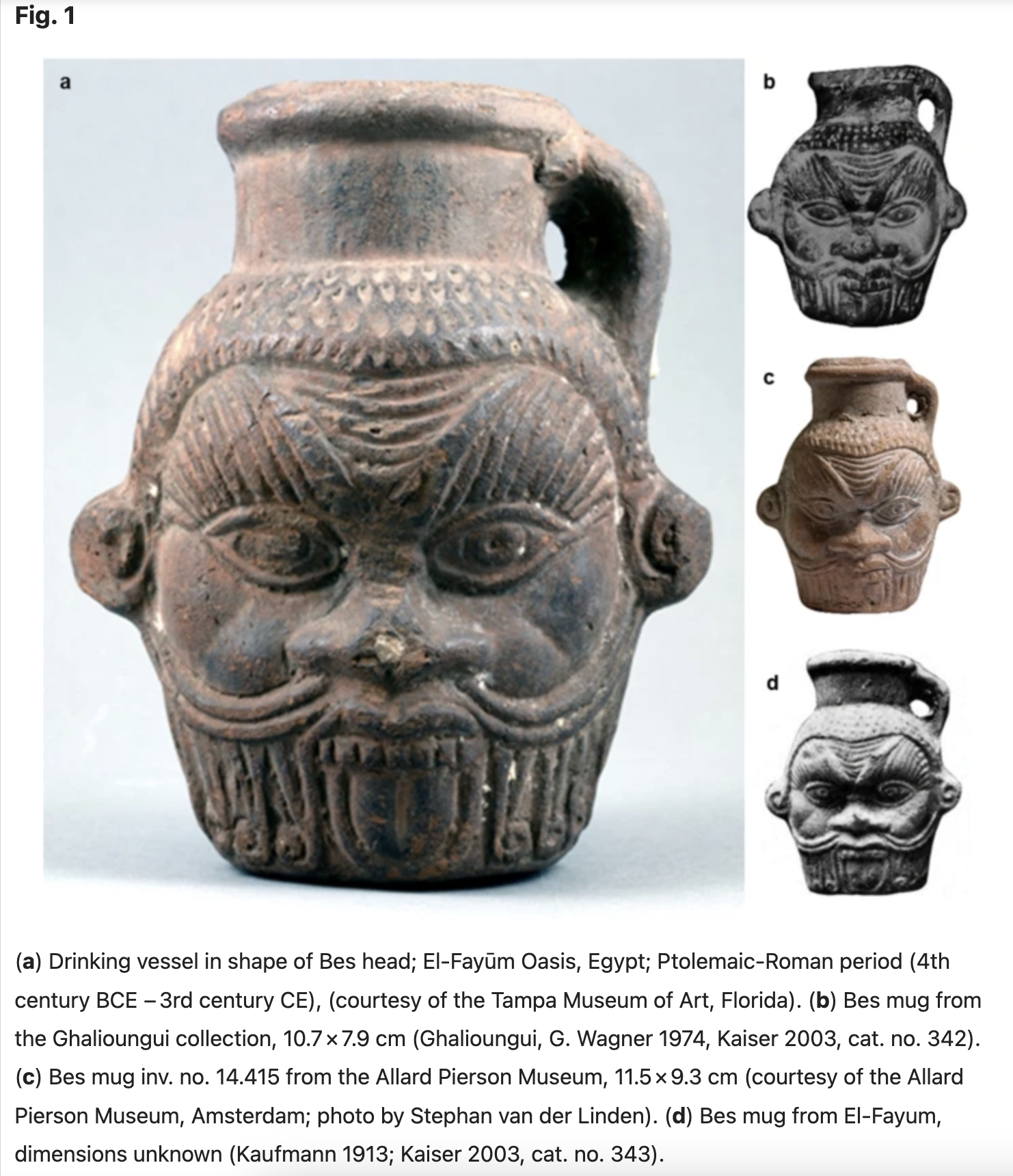 Drinking vessel in shape of Bes head; El-Fayūm Oasis, Egypt; Ptolemaic-Roman period (4th century BCE − 3rd century CE), (courtesy of the Tampa Museum of Art, Florida)