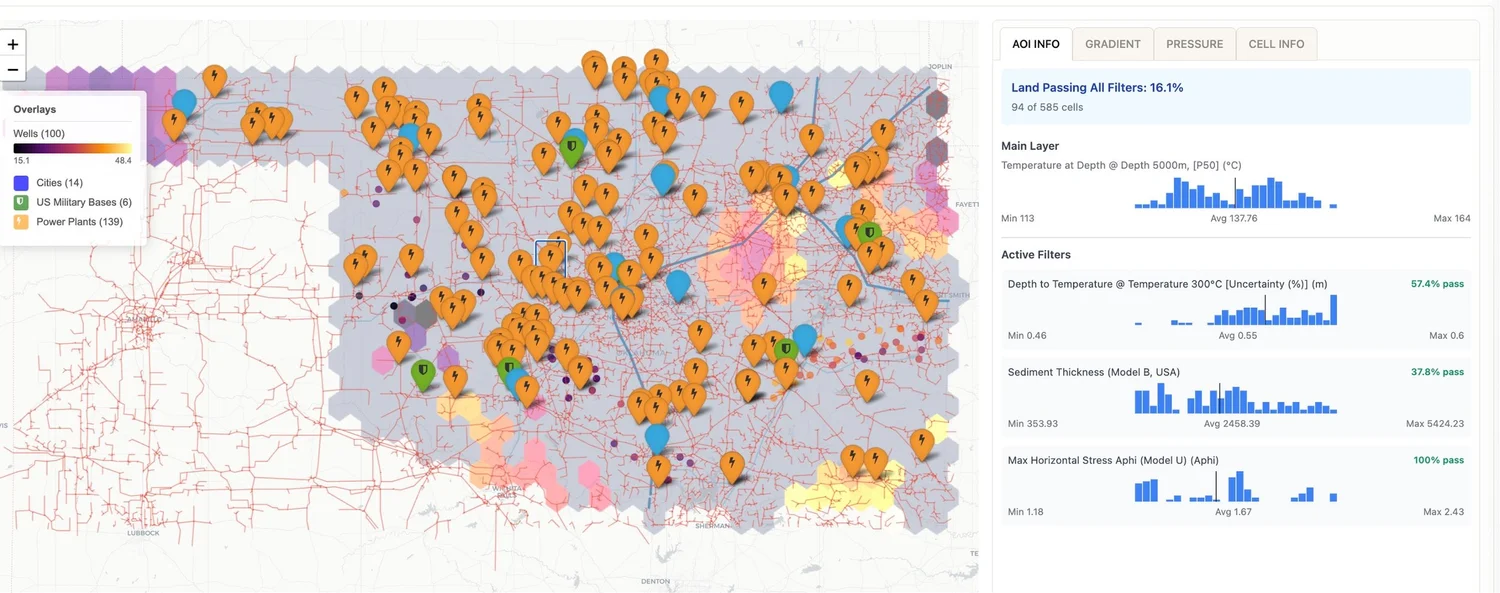 Area-of-interest dashboard ranking locations with infrastructure and screening filters.