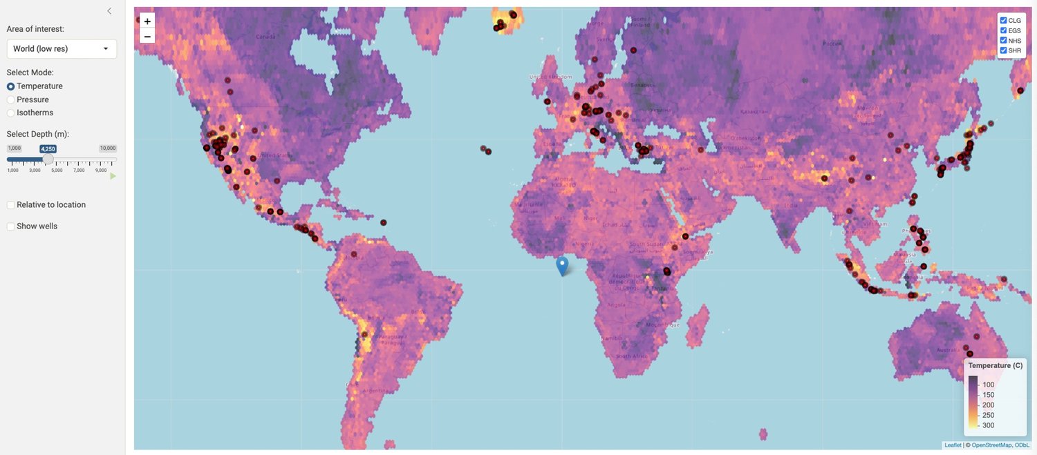 Global geothermal intelligence map showing temperature predictions and geothermal activity indicators.