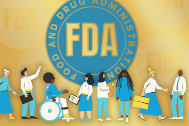 illustration of multiple people of diverse backgrounds and life experiences in front of an FDA logo