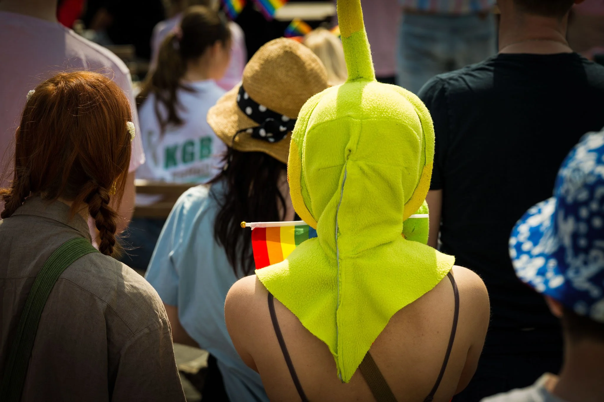 Person iført en grøn kosedyrshatt og et fagforeningsflagg, omringet av andre mennesker ved en utendørs demonstrasjon.
