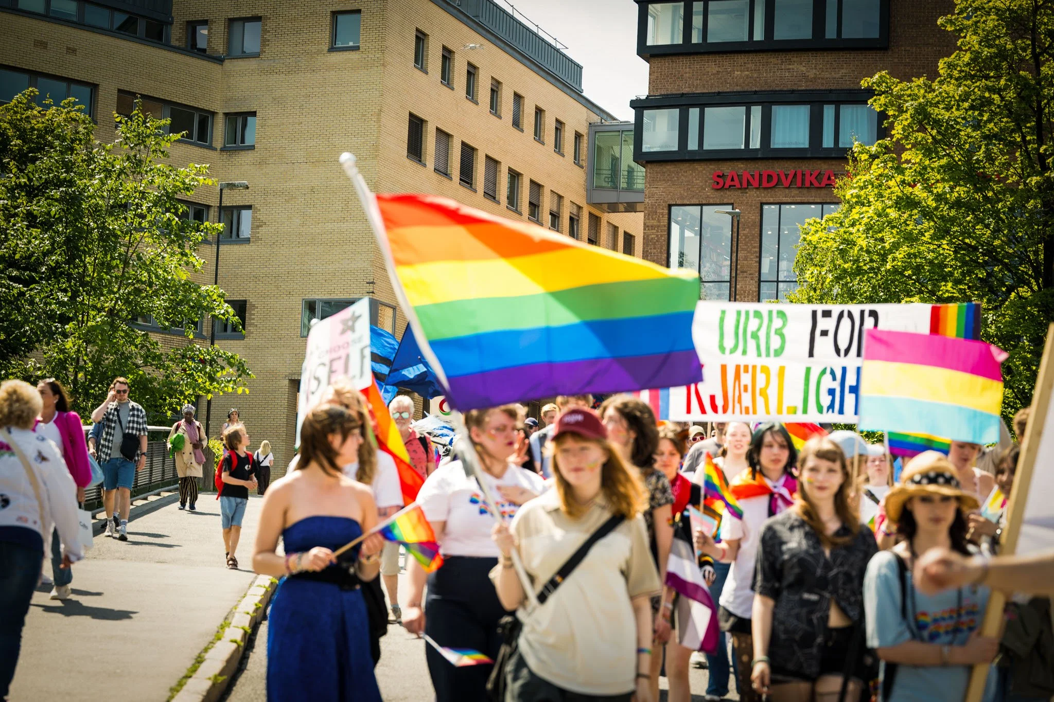 Fler personer deltar i en parade med fargede regnbueflagg og skilt, symboliserer støttende for LHBTQ+-rettigheter, med bygningsfasader og grønne trær i bakgrunnen.