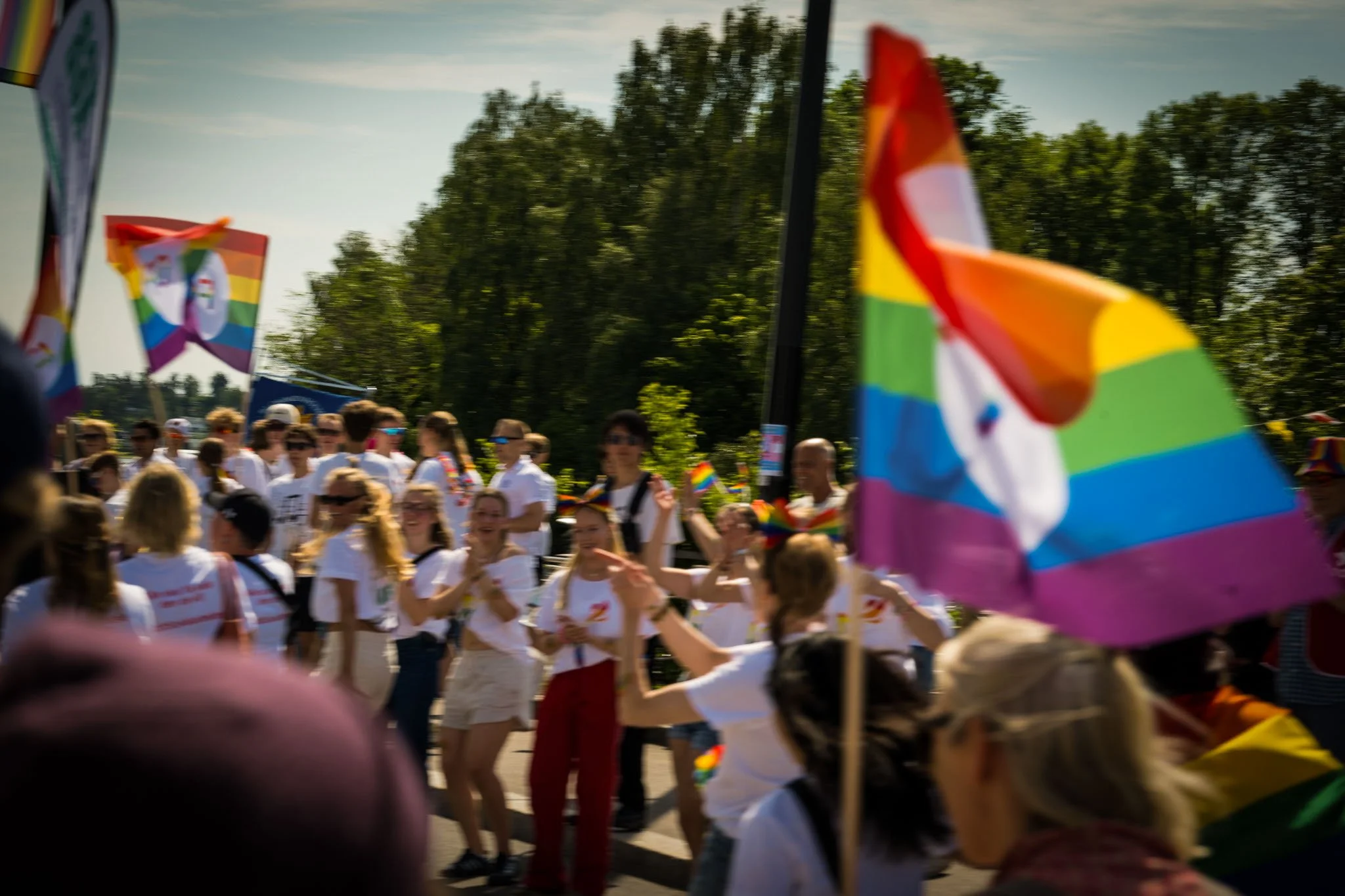 En gruppe mennesker som deltar i en parade, mange med regnbue flagg og pynt, under en solrik dag med grønne trær i bakgrunnen.