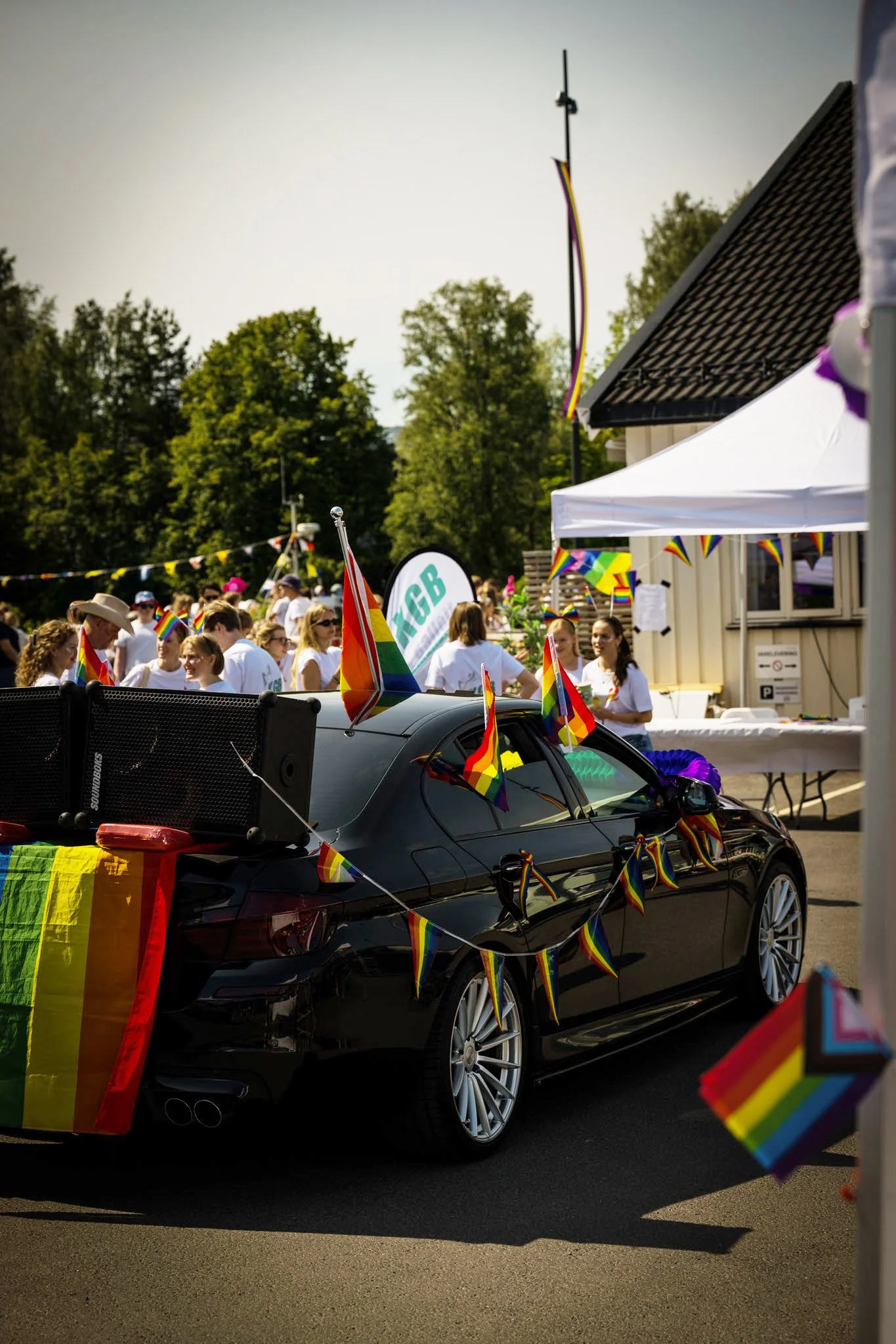 En svart bil dekorert med pride-flagg og stråler, omgitt av mennesker som feirer med pride-flag og fargerike bannere ved en utendørs festival, med trær i bakgrunnen.