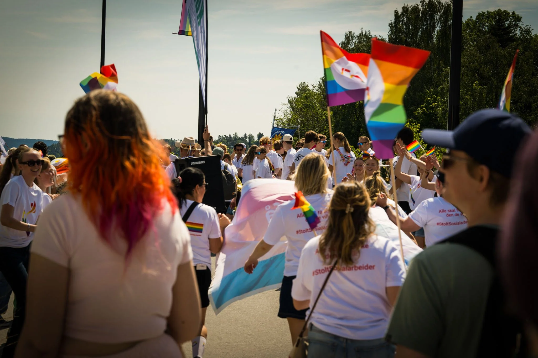 Mennesker deltar i menneskerettighets- og Pride-parade, mange med regnbueflagg og fargerike klær, på en solrik dag.