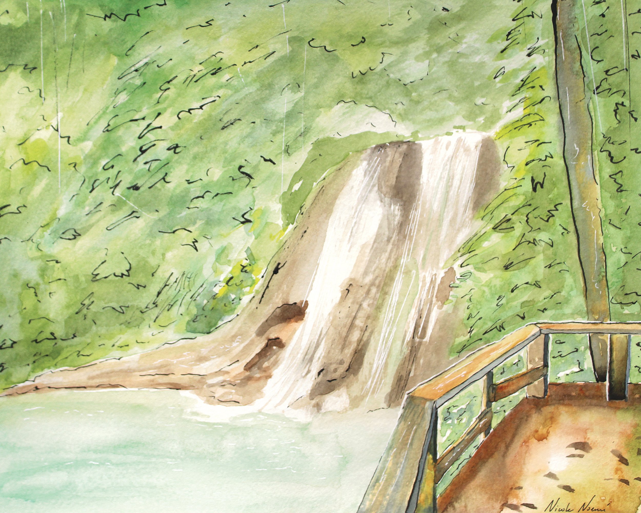 Watercolor painting depicting a waterfall cascading down a rocky cliff into a body of water, with lush green trees surrounding the scene, and a wooden railing in the foreground.