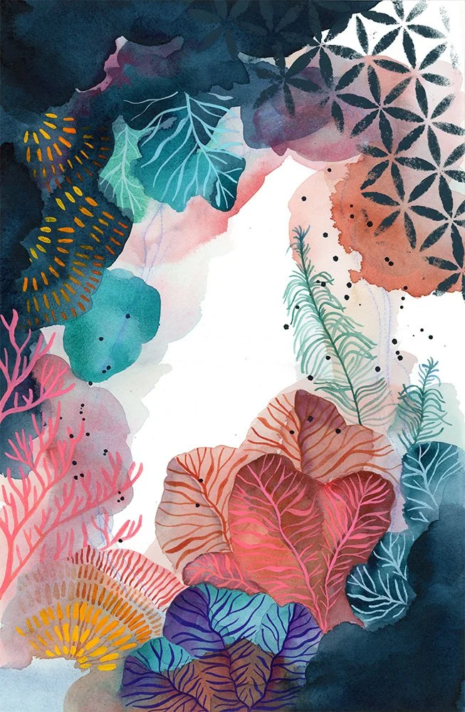HBlanchard_aquarelle_thème marin_corail rose_algues multicolores_motifs bleus.jpg