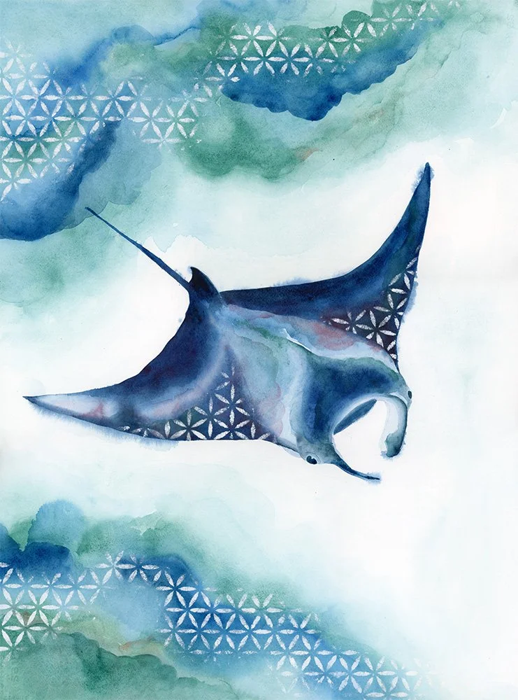 HBlanchard_aquarelle_raie manta avec motifsblancs_mer bleu et verte.jpg