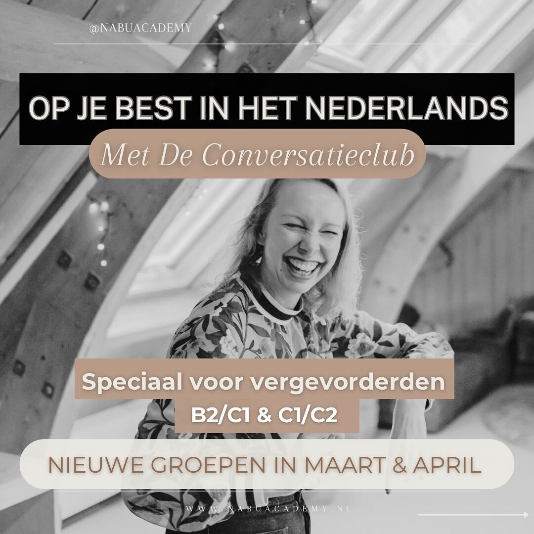 Voor de zomer op je best in het Nederlands?

Kom dan in maart of april bij De Conversatieclub!

De gezelligste groepscursus Nederlands om je Nederlands de verbeteren en je zelfvertrouwen te vergroten 🤩

Speciaal voor hoge niveaus (B2/C1 en C1/C2). 
